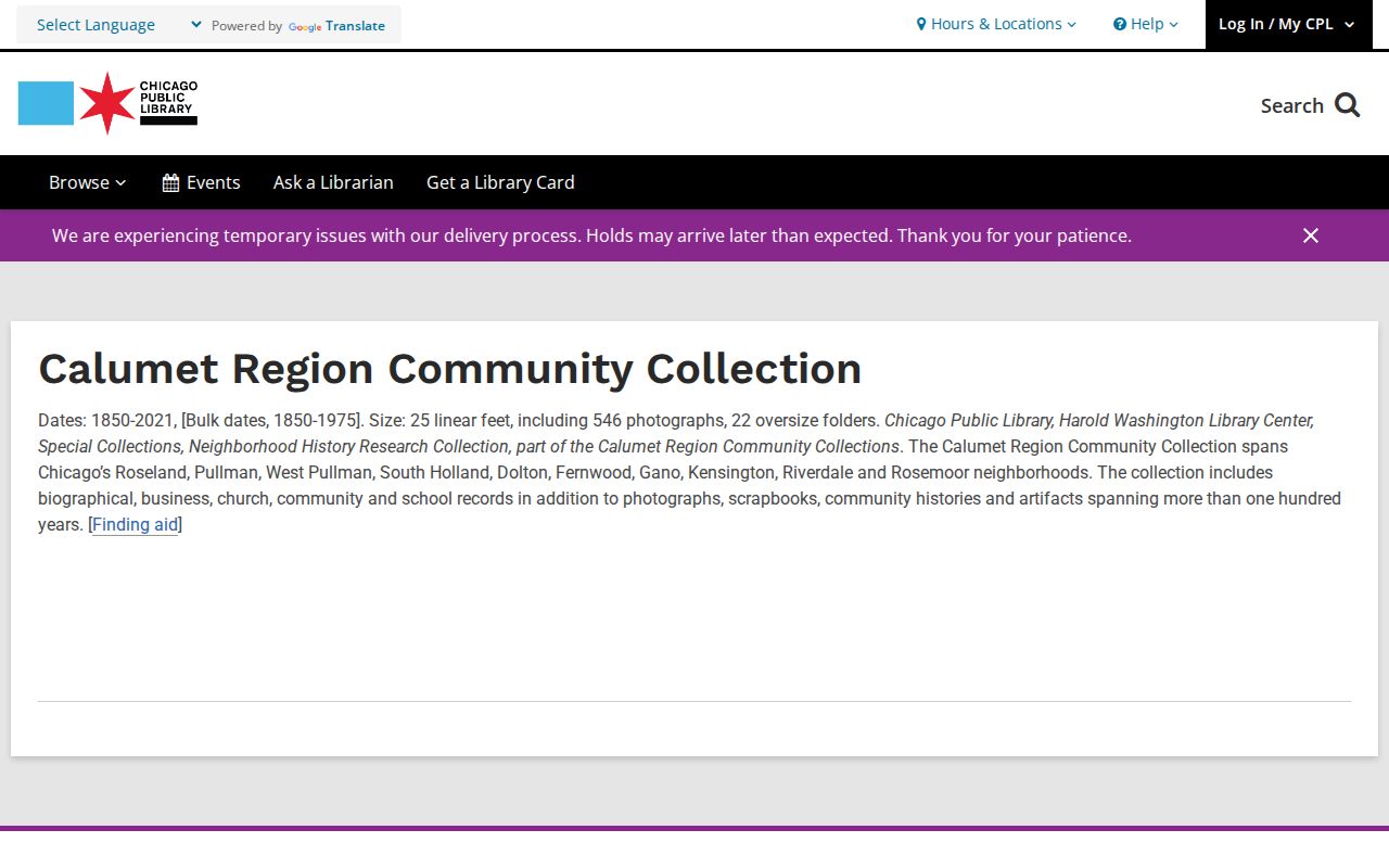 Calumet Region Community Collection page with South Holland archival sources