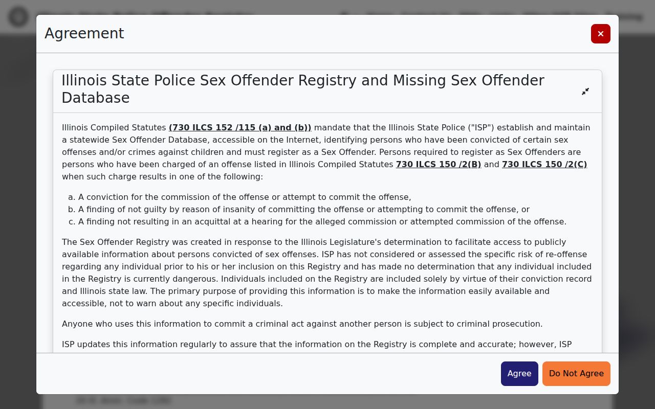 Illinois State Police public registry warning screen for a lawful South Holland search