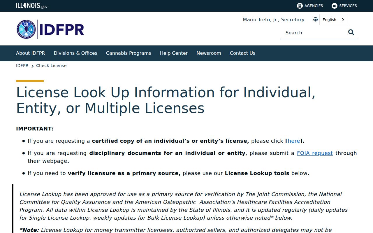 Illinois IDFPR professional license lookup for checking a South Holland public credential