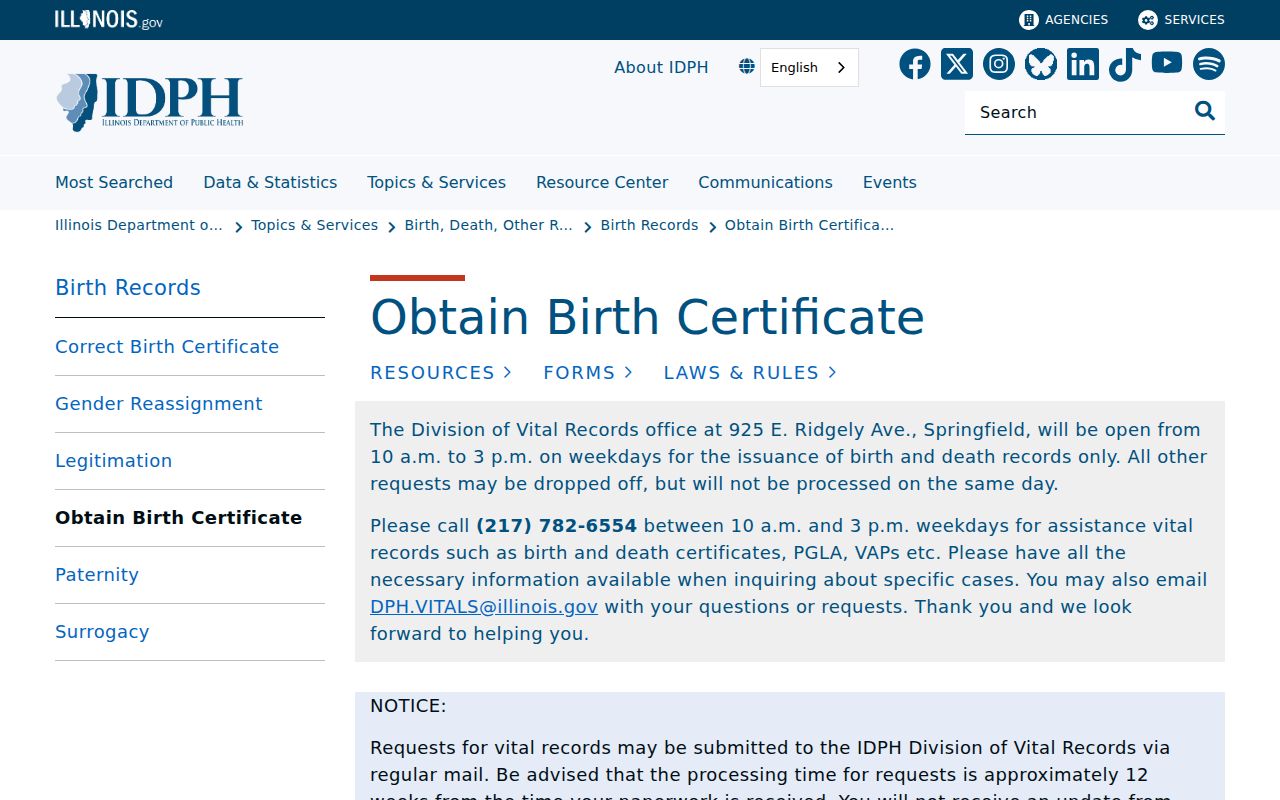 Illinois Department of Public Health birth certificate access page for South Holland requests