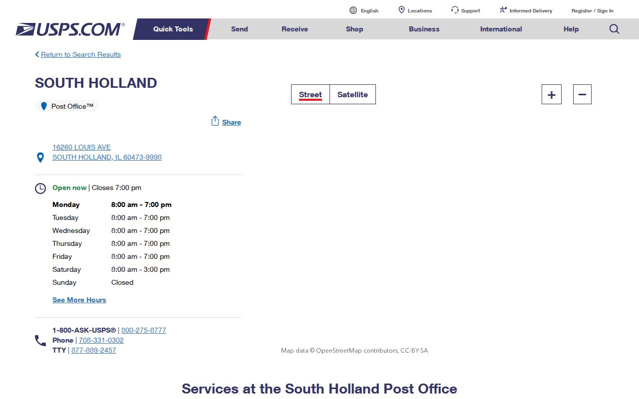 USPS South Holland Post Office page confirming ZIP code 60473